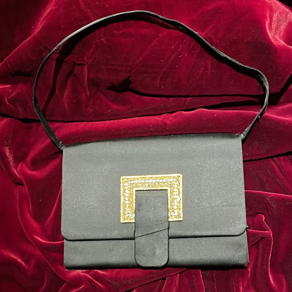 Black Satin Shoulder Bag with Gold Accent